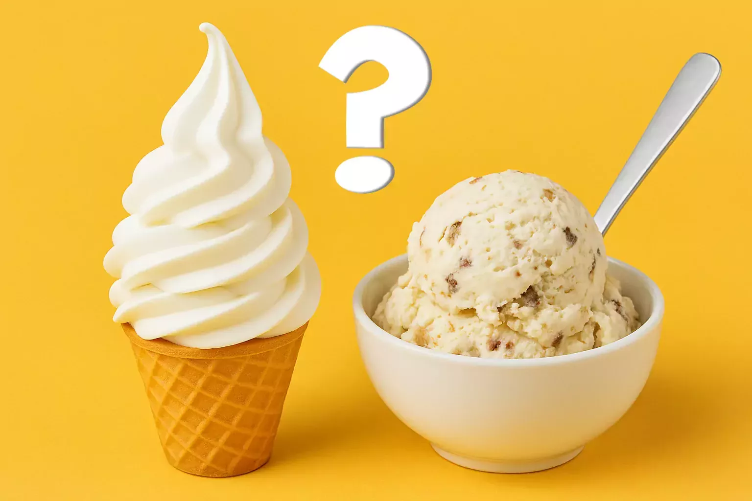 Side-by-side comparison of a soft serve cone and a bowl of hard ice cream.